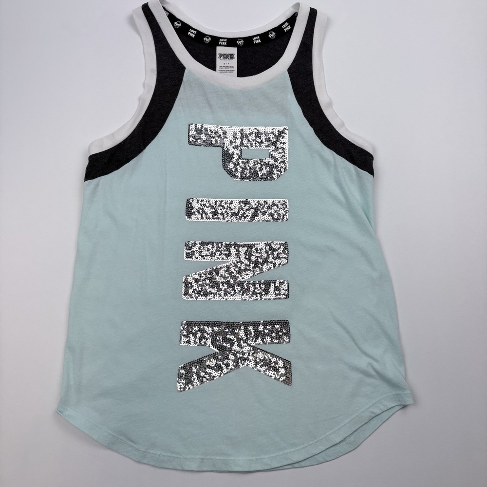 PINK Victoria's Secret Tank Top Women's S Aqua Sequin Logo Racerback